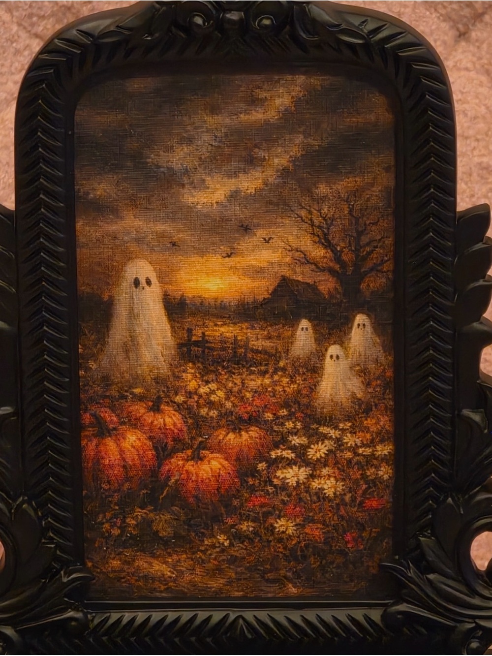 Halloween Pumpkin Field Ghosts Framed Art - Orange & Black